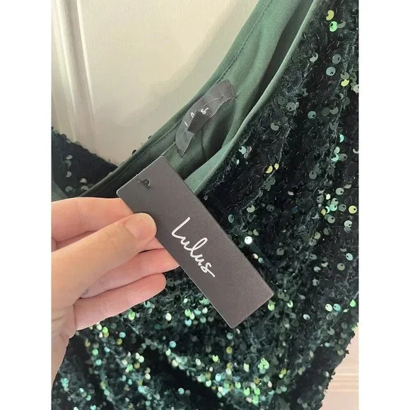Lulus NWT Endless Luxe Dark Green Sequin Velvet One-Shoulder Mini Dress LARGE - Picture 6 of 13